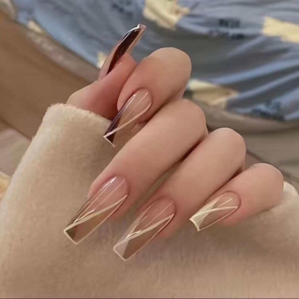 Long Coffin Press On Nails 25 Pc Set Brown Beige Geometric Design Glue False Kit